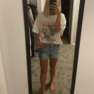 Multi Jean, multi color, high rise, white wash, mom jean shorts.